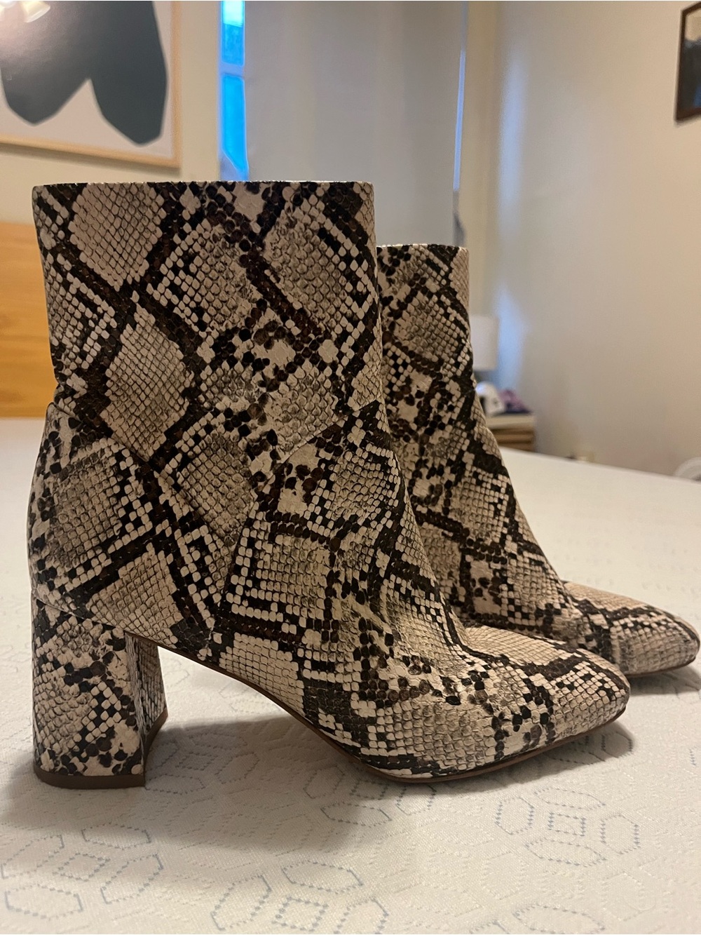 Snake-Print Block Heel Ankle Boots - Women’s Size 8.5